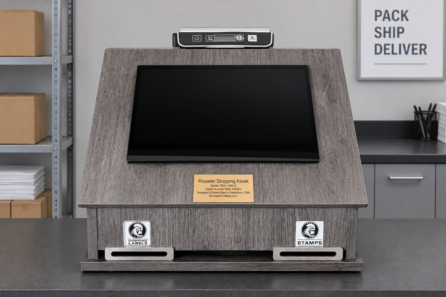 Actual Rooster Enterprise Shipping kiosk with touchscreen, integrated scale, and separate labels and stamps output slots