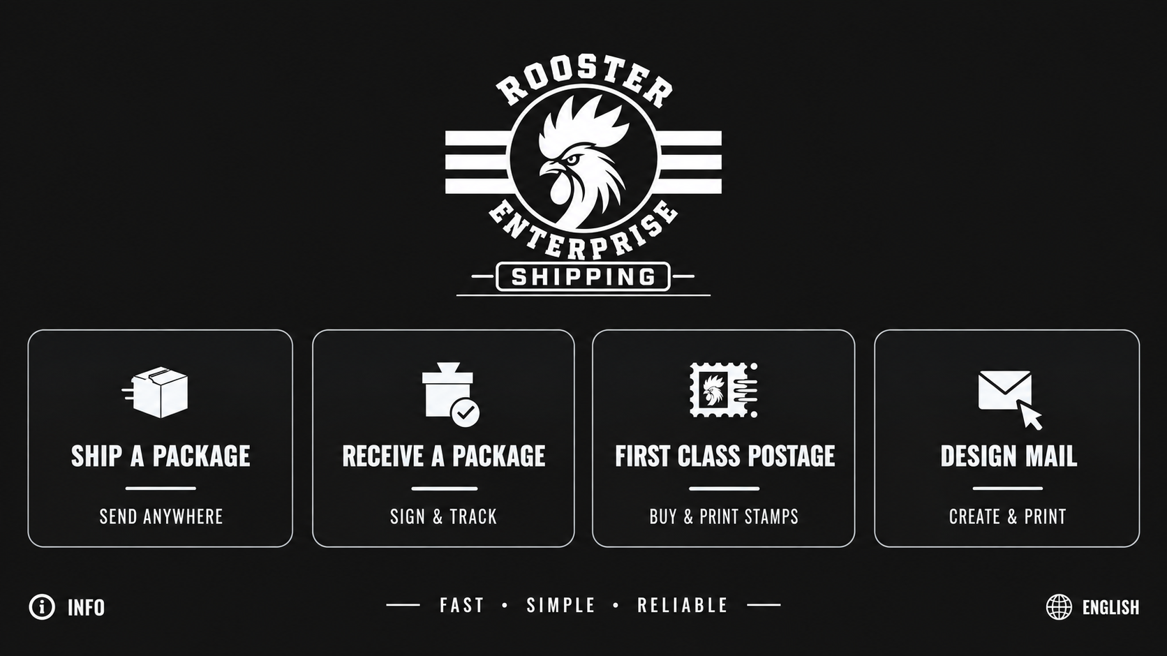 Rooster software home screen with Ship a Package, Receive a Package, First Class Postage, and Design Mail options