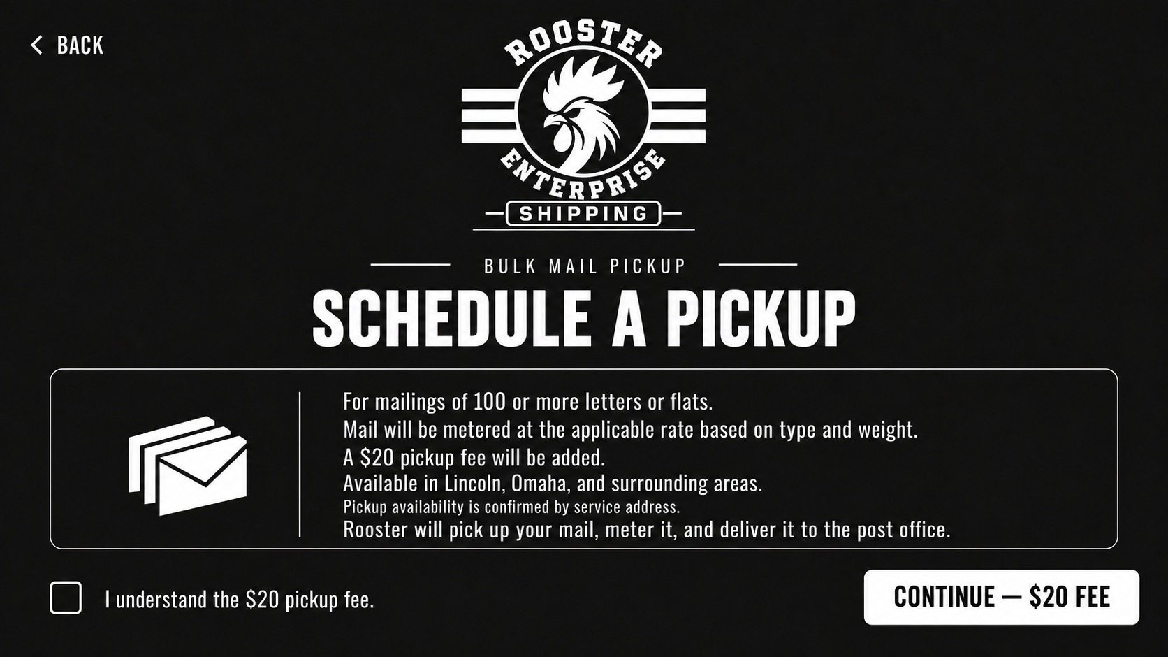 Rooster software schedule a pickup screen